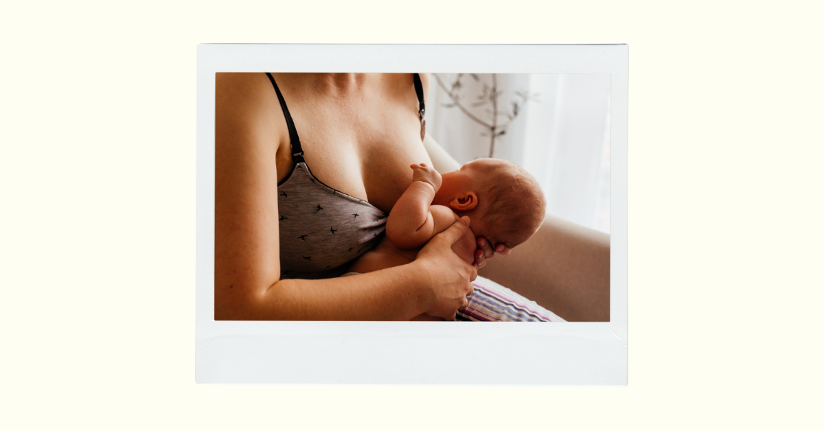 Woman with a newborn, breastfeeding on a couch